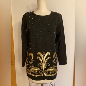 Victoria Harbour Black and Gold Embellished Sweater Feathers Fountains Floral